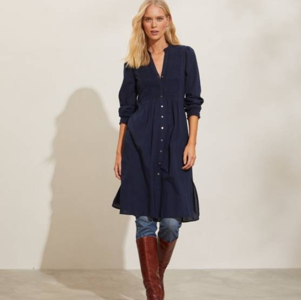 NWT NAVY BLUE HEYSON LINEN LIKE BUTTON DOWN LONG SLEEVE DRESS 2 FRONT POCKETS SM